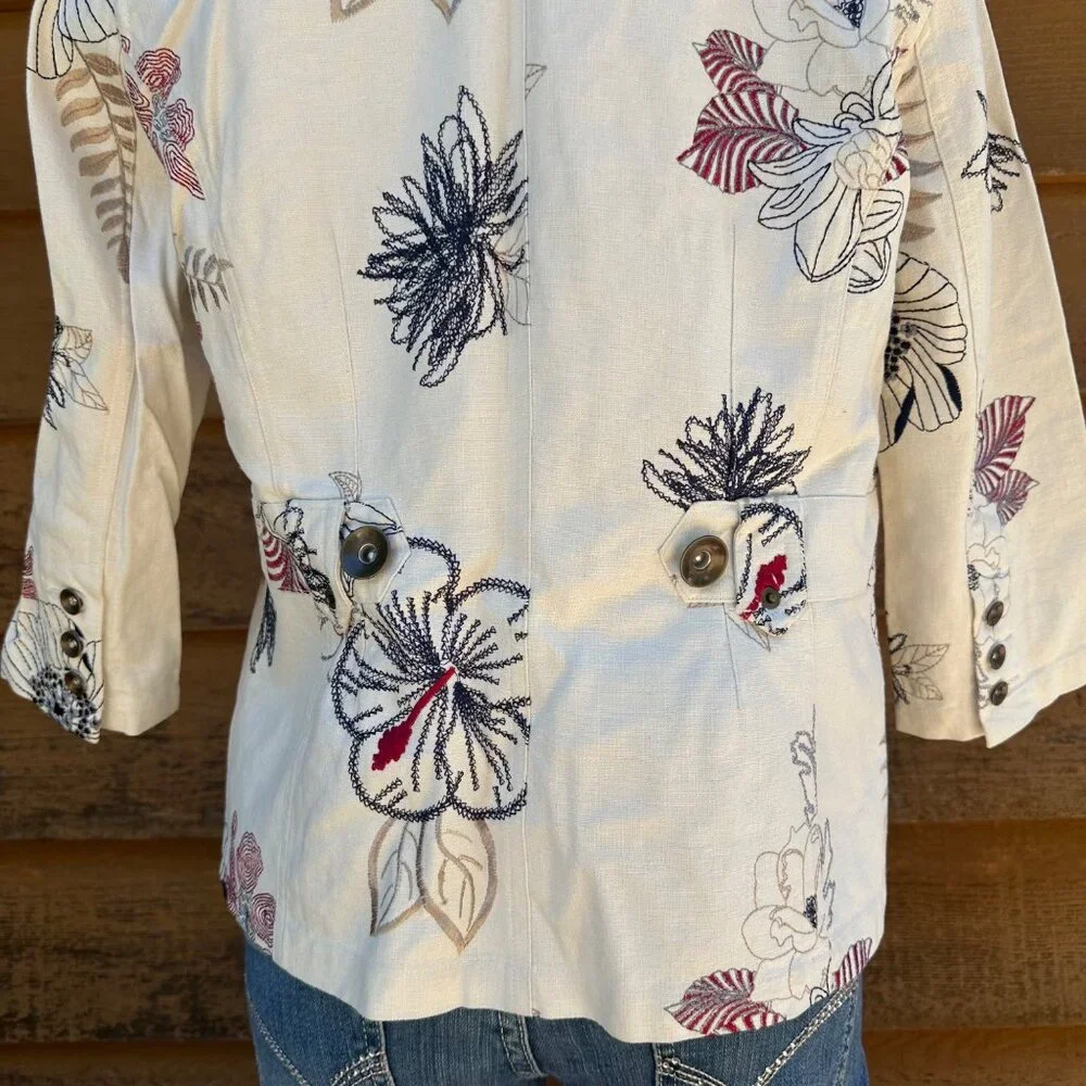 Vintage Multiples Embroidered Red Blue Cream Linen Blazer Size M - Picture 8 of 9